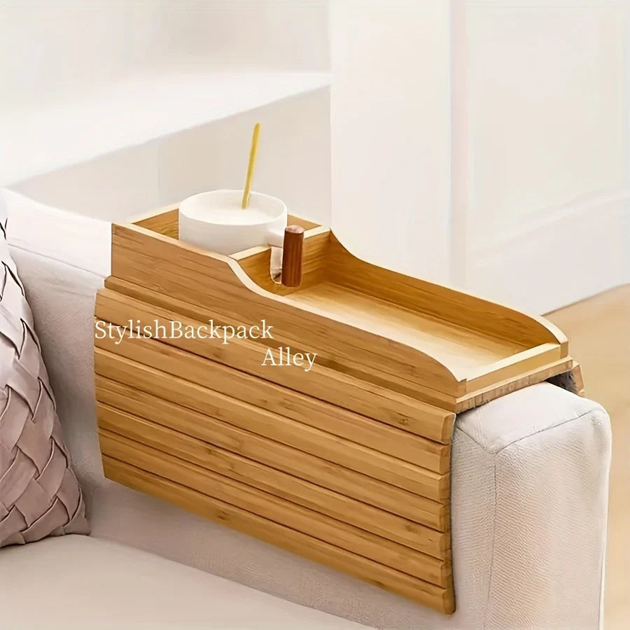 Stylish Bamboo Sofa Armrest Tray with Cup Holder - Anti-Fall Design, Foldable Storage Table for Snacks, Phones, Beverages & Cups, Contemporary Home Accessory, Beverage Tray | Modern Bamboo Tray | Foldable Tray