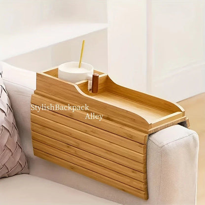 Stylish Bamboo Sofa Armrest Tray with Cup Holder - Anti-Fall Design, Foldable Storage Table for Snacks, Phones, Beverages & Cups, Contemporary Home Accessory, Beverage Tray | Modern Bamboo Tray | Foldable Tray