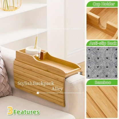 Stylish Bamboo Sofa Armrest Tray with Cup Holder - Anti-Fall Design, Foldable Storage Table for Snacks, Phones, Beverages & Cups, Contemporary Home Accessory, Beverage Tray | Modern Bamboo Tray | Foldable Tray