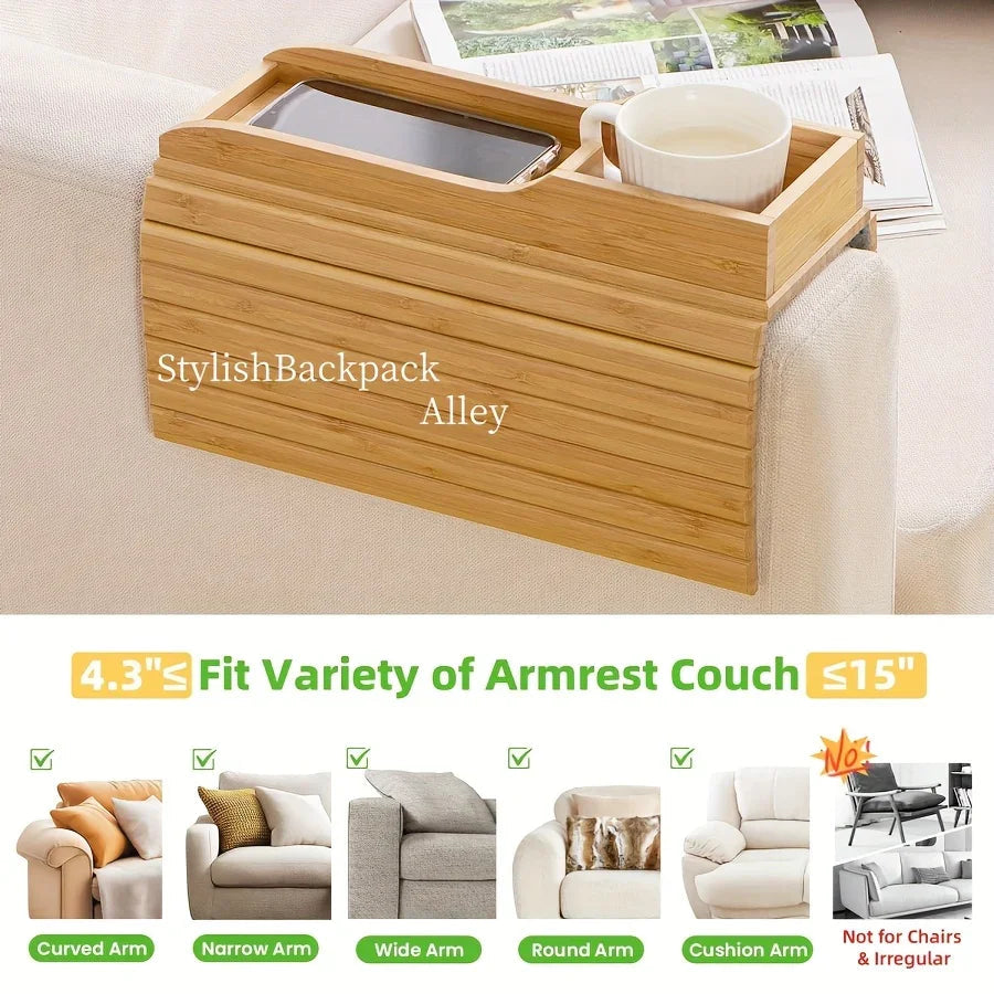Stylish Bamboo Sofa Armrest Tray with Cup Holder - Anti-Fall Design, Foldable Storage Table for Snacks, Phones, Beverages & Cups, Contemporary Home Accessory, Beverage Tray | Modern Bamboo Tray | Foldable Tray