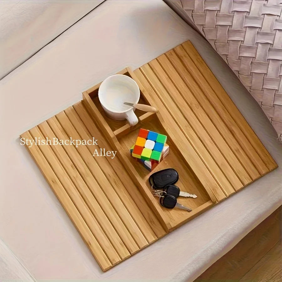 Stylish Bamboo Sofa Armrest Tray with Cup Holder - Anti-Fall Design, Foldable Storage Table for Snacks, Phones, Beverages & Cups, Contemporary Home Accessory, Beverage Tray | Modern Bamboo Tray | Foldable Tray