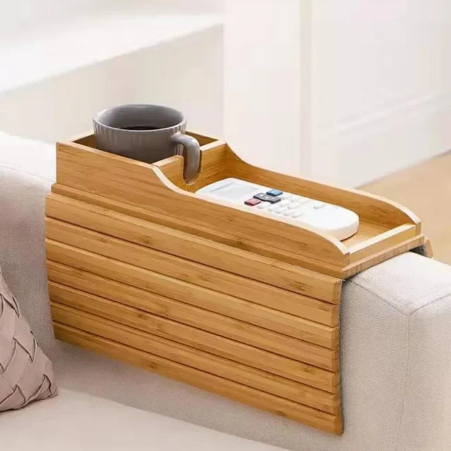 Stylish Bamboo Sofa Armrest Tray with Cup Holder - Anti-Fall Design, Foldable Storage Table for Snacks, Phones, Beverages & Cups, Contemporary Home Accessory, Beverage Tray | Modern Bamboo Tray | Foldable Tray