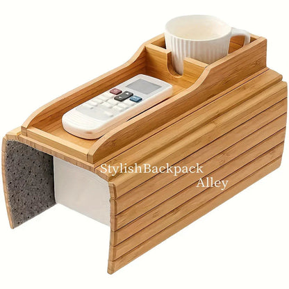 Stylish Bamboo Sofa Armrest Tray with Cup Holder - Anti-Fall Design, Foldable Storage Table for Snacks, Phones, Beverages & Cups, Contemporary Home Accessory, Beverage Tray | Modern Bamboo Tray | Foldable Tray