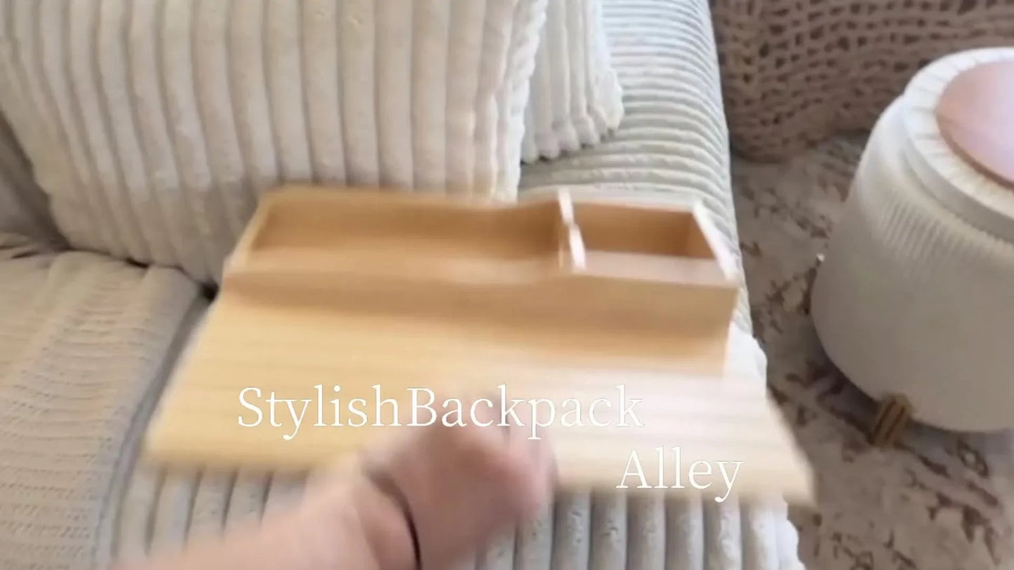 Stylish Bamboo Sofa Armrest Tray with Cup Holder - Anti-Fall Design, Foldable Storage Table for Snacks, Phones, Beverages & Cups, Contemporary Home Accessory, Beverage Tray | Modern Bamboo Tray | Foldable Tray