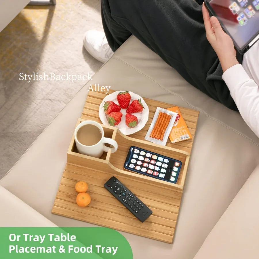 Stylish Bamboo Sofa Armrest Tray with Cup Holder - Anti-Fall Design, Foldable Storage Table for Snacks, Phones, Beverages & Cups, Contemporary Home Accessory, Beverage Tray | Modern Bamboo Tray | Foldable Tray