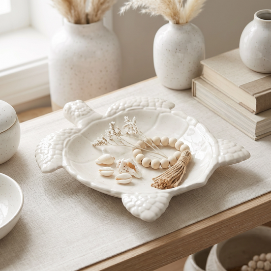 Sea Turtle Decorative Tray, Gypsum White 9"