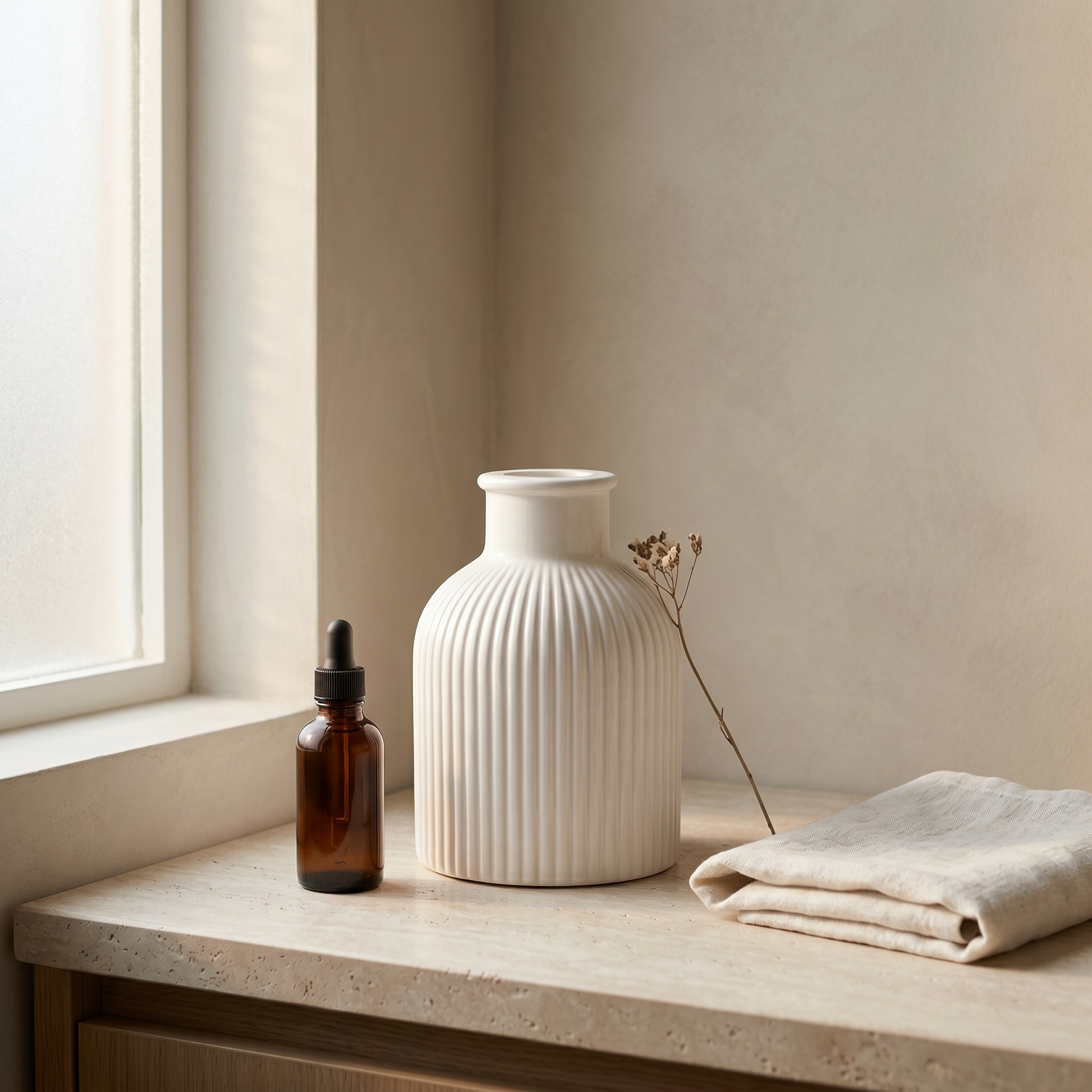 Ribbed Bottle Vase, Gypsum White 4" Sunsum® Intentional Living