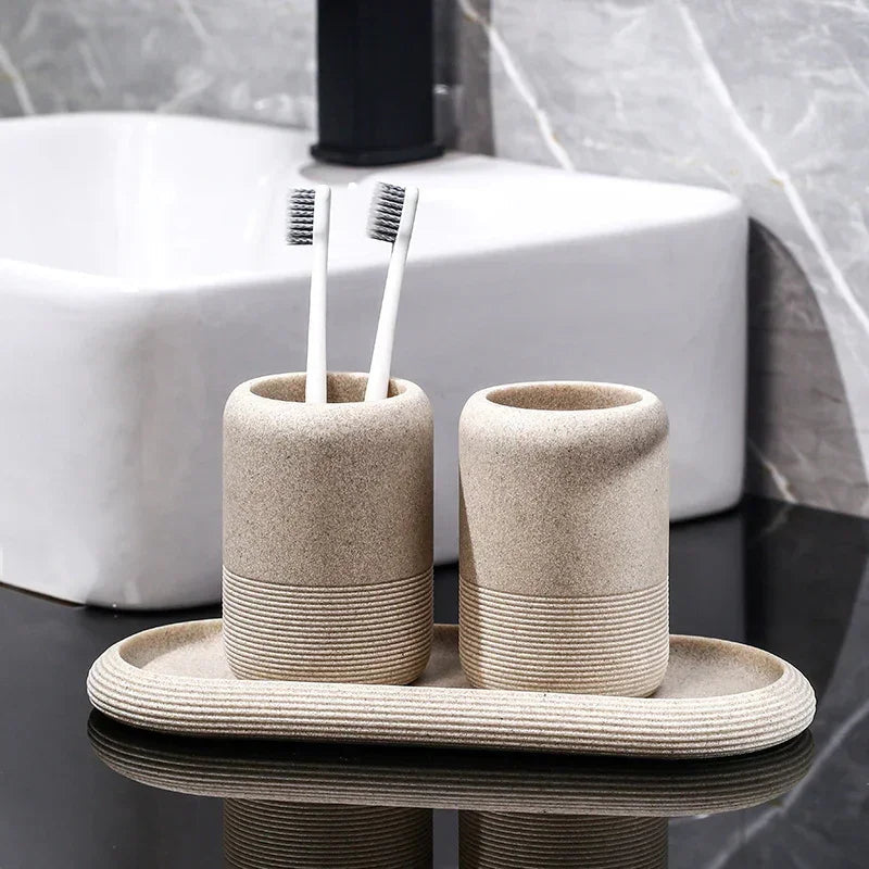 Modern Textured Bathroom Accessory Set with Tumblers and Tray