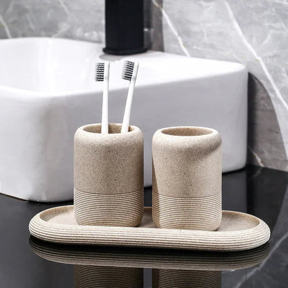 Modern Textured Bathroom Accessory Set with Tumblers and Tray
