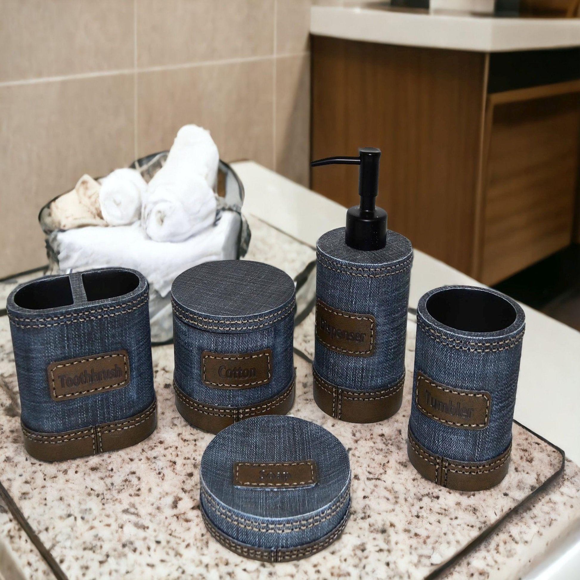 Unique Bathroom Accessory Set of Denim Finish - PoshaBella