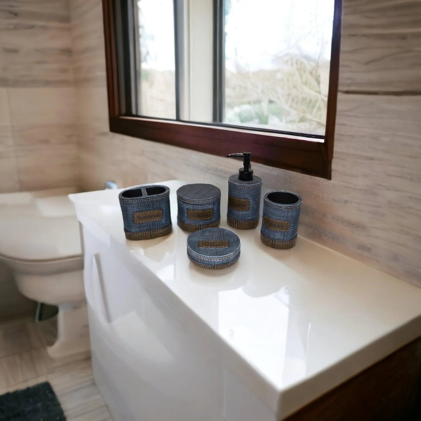Unique Bathroom Accessory Set of Denim Finish - PoshaBella