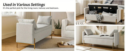 Upholstered Fabric Storage Ottoman Bench with Pillows