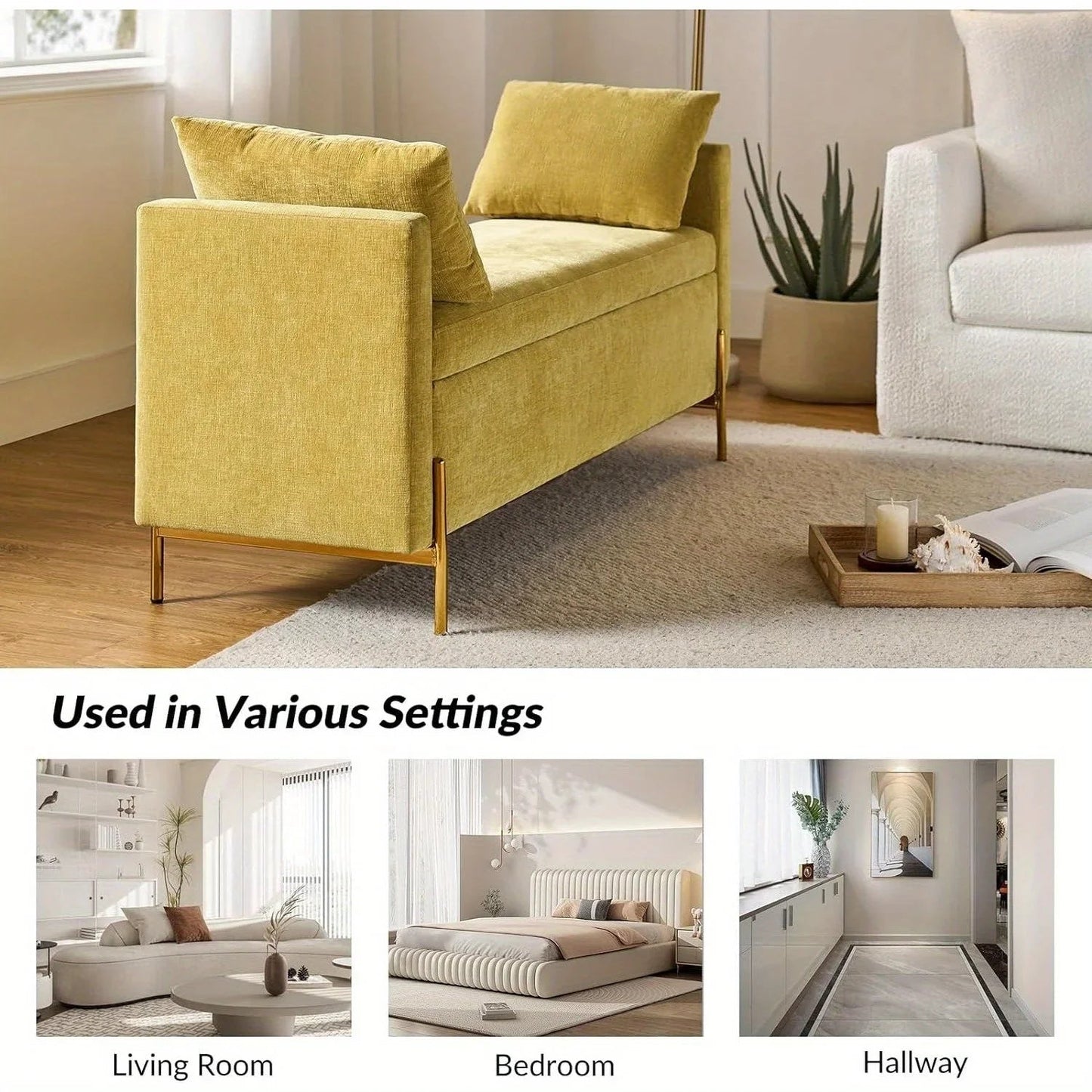 Upholstered Fabric Storage Ottoman Bench with Pillows
