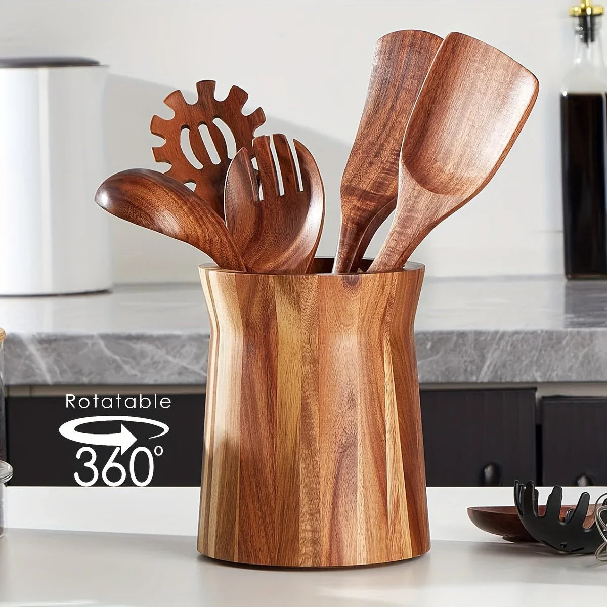 Utensil Holder - Multiple Compartments Acacia Wood