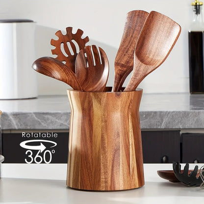 Utensil Holder - Multiple Compartments Acacia Wood