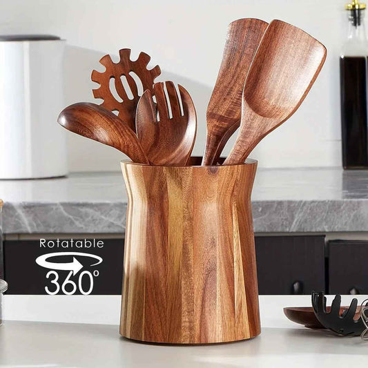 Utensil Holder - Multiple Compartments Acacia Wood