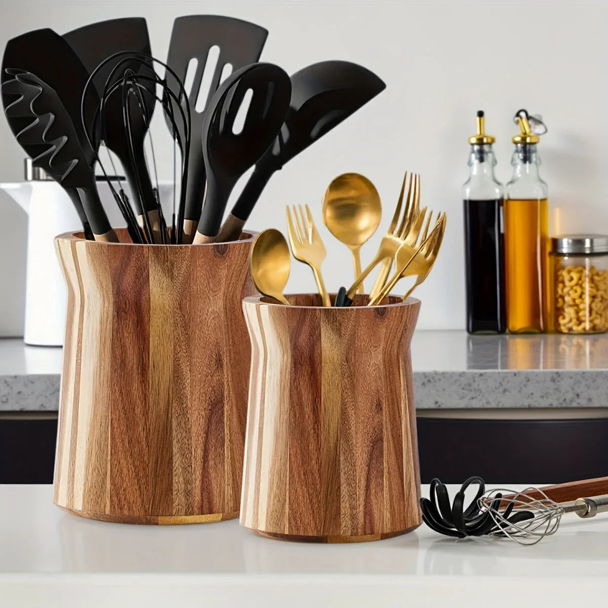 Utensil Holder - Multiple Compartments Acacia Wood