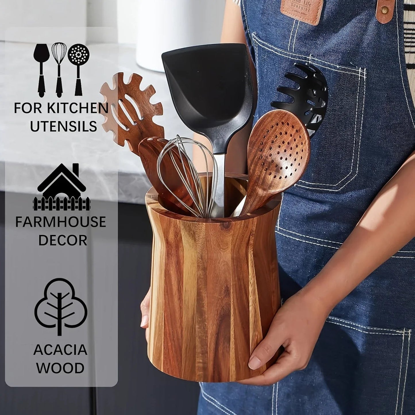 Utensil Holder - Multiple Compartments Acacia Wood