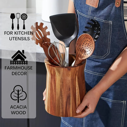 Utensil Holder - Multiple Compartments Acacia Wood