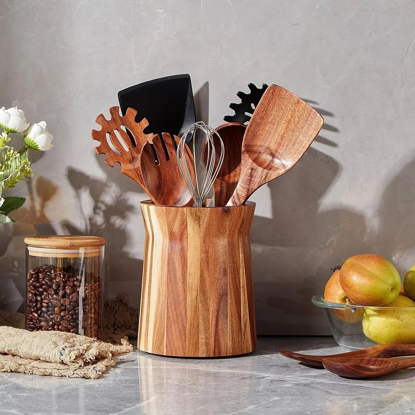 Utensil Holder - Multiple Compartments Acacia Wood