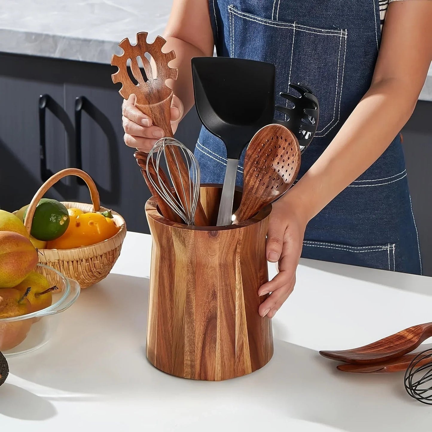 Utensil Holder - Multiple Compartments Acacia Wood