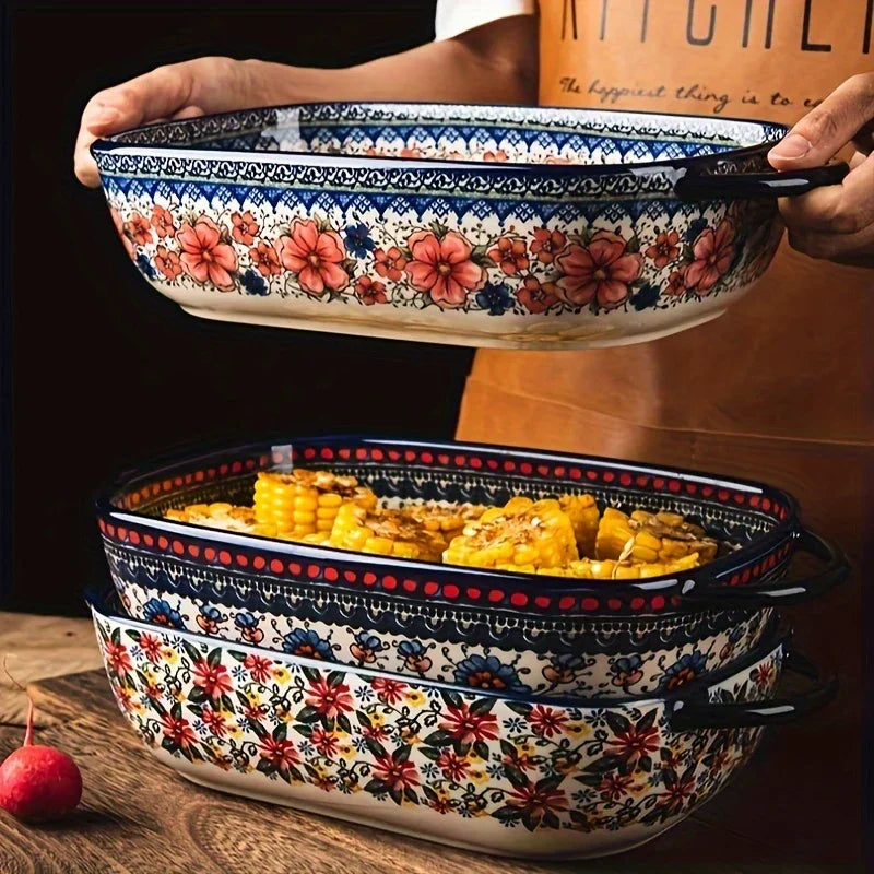 Vibrant Floral Embossed 1pc Polish Ceramic Baking Dish - 9"x5.3" Rectangular Plate with Dual Handles for Lasagna, Salads & Cheese Bakes - Durable Hand-Painted Design for Home Cooking
