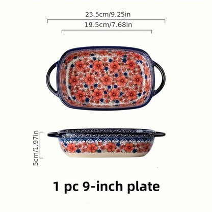 Vibrant Floral Embossed 1pc Polish Ceramic Baking Dish - 9"x5.3" Rectangular Plate with Dual Handles for Lasagna, Salads & Cheese Bakes - Durable Hand-Painted Design for Home Cooking