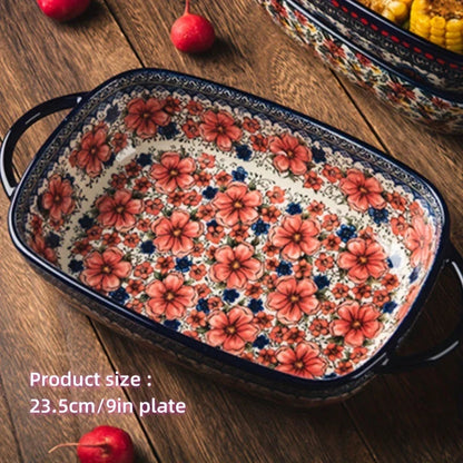Vibrant Floral Embossed 1pc Polish Ceramic Baking Dish - 9"x5.3" Rectangular Plate with Dual Handles for Lasagna, Salads & Cheese Bakes - Durable Hand-Painted Design for Home Cooking