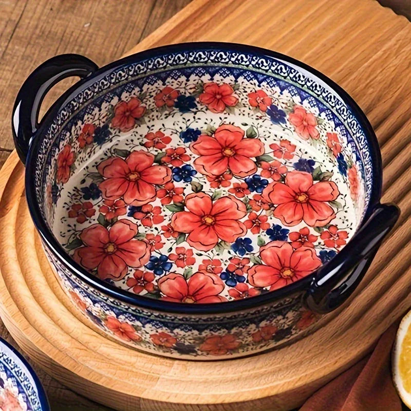 Vibrant Floral Embossed 1pc Polish Ceramic Baking Dish - 9"x5.3" Rectangular Plate with Dual Handles for Lasagna, Salads & Cheese Bakes - Durable Hand-Painted Design for Home Cooking