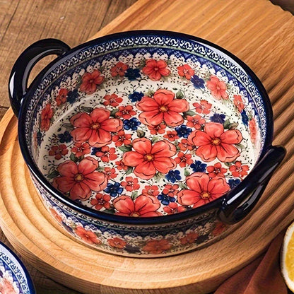 Vibrant Floral Embossed 1pc Polish Ceramic Baking Dish - 9"x5.3" Rectangular Plate with Dual Handles for Lasagna, Salads & Cheese Bakes - Durable Hand-Painted Design for Home Cooking