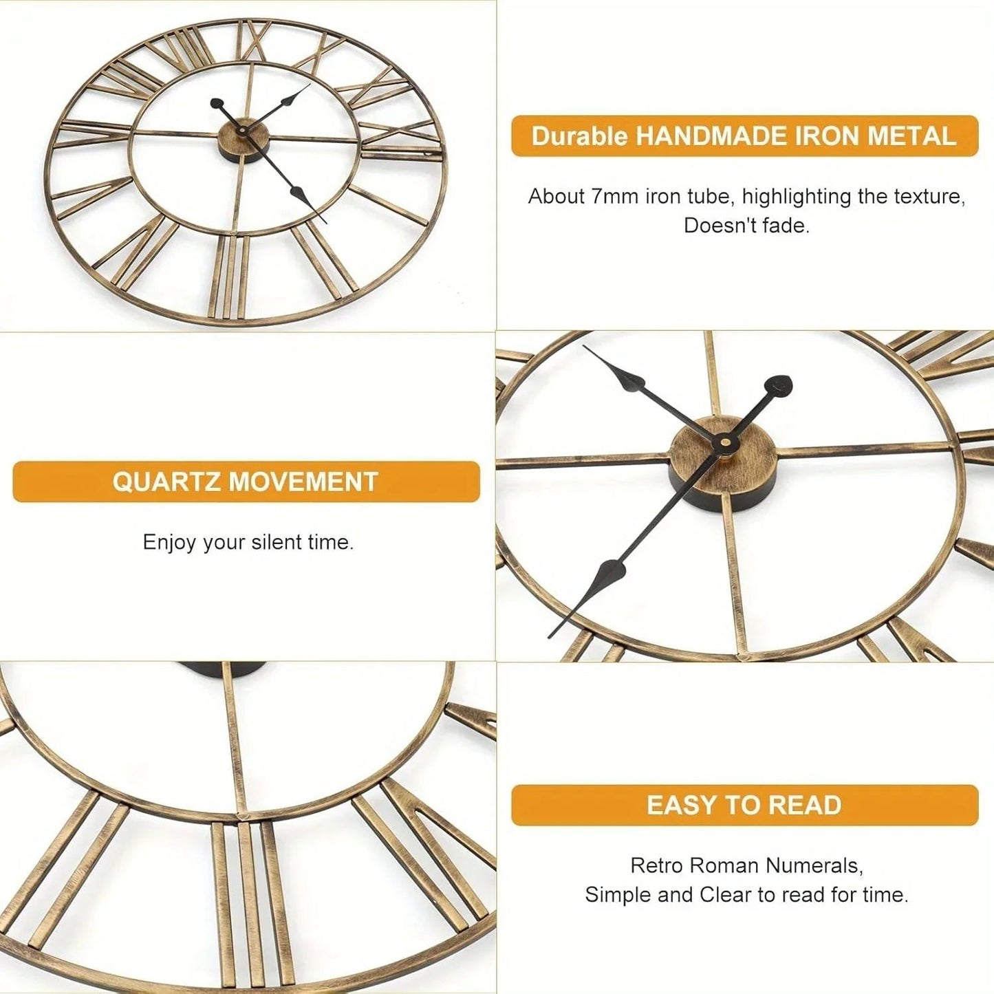 Wall Clock - Silent Metal Roman 12-Inch
