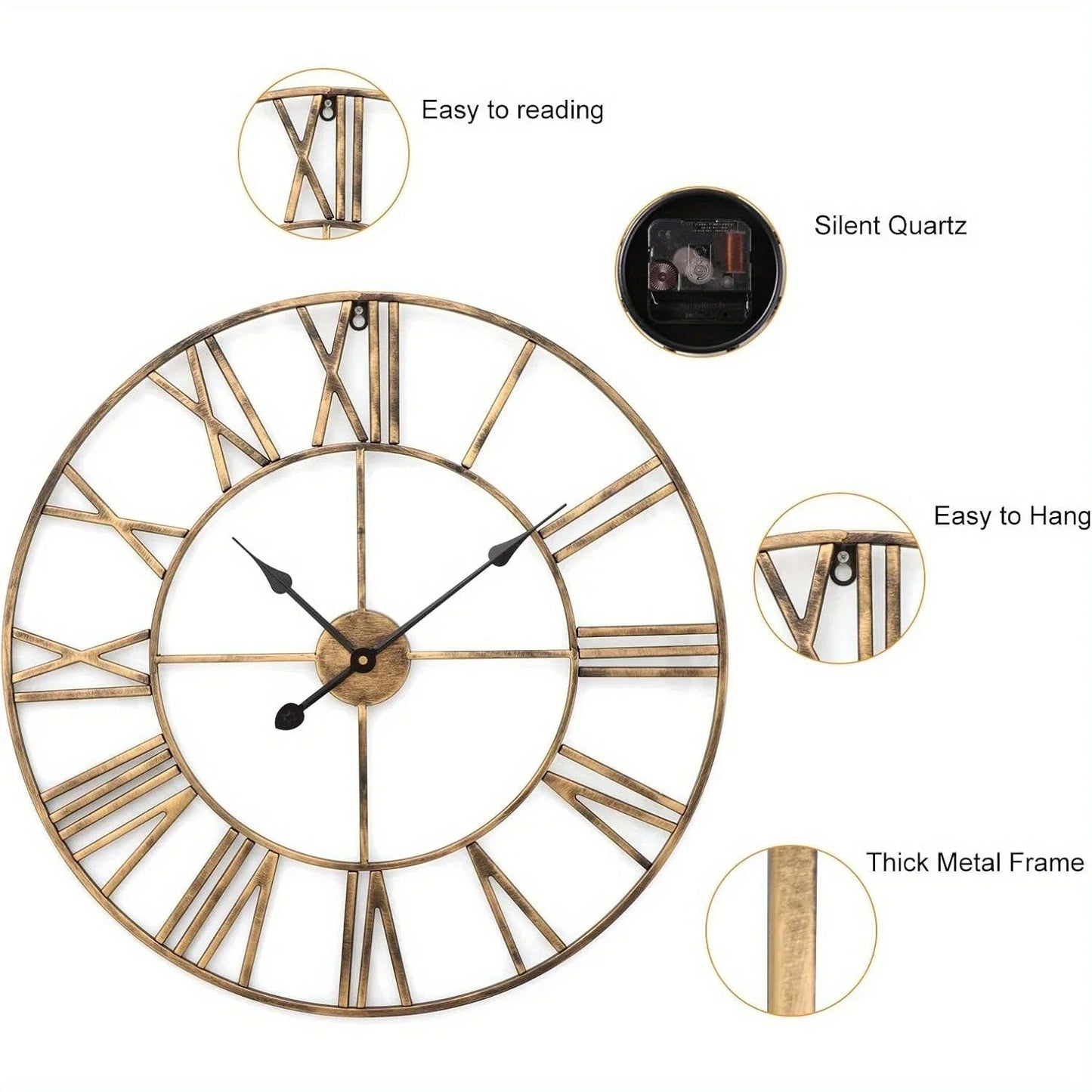Wall Clock - Silent Metal Roman 12-Inch