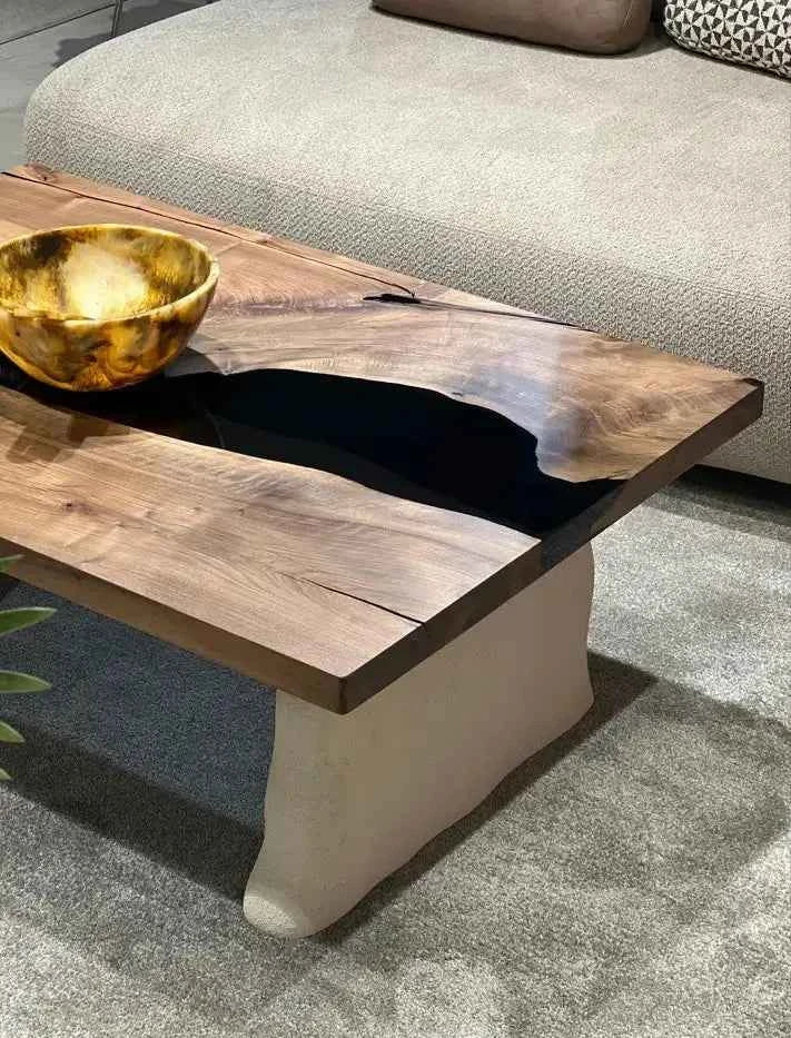 Epoxy-Resin Walnut Coffee Table With Stone Looking Legs