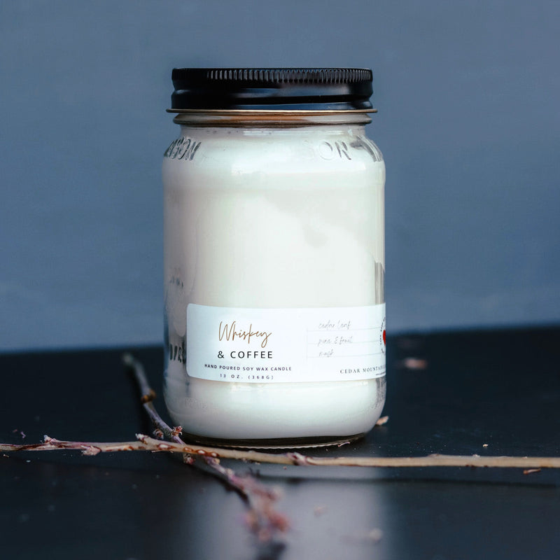 13 oz Mason Jar Soy Candle - Whiskey & Coffee