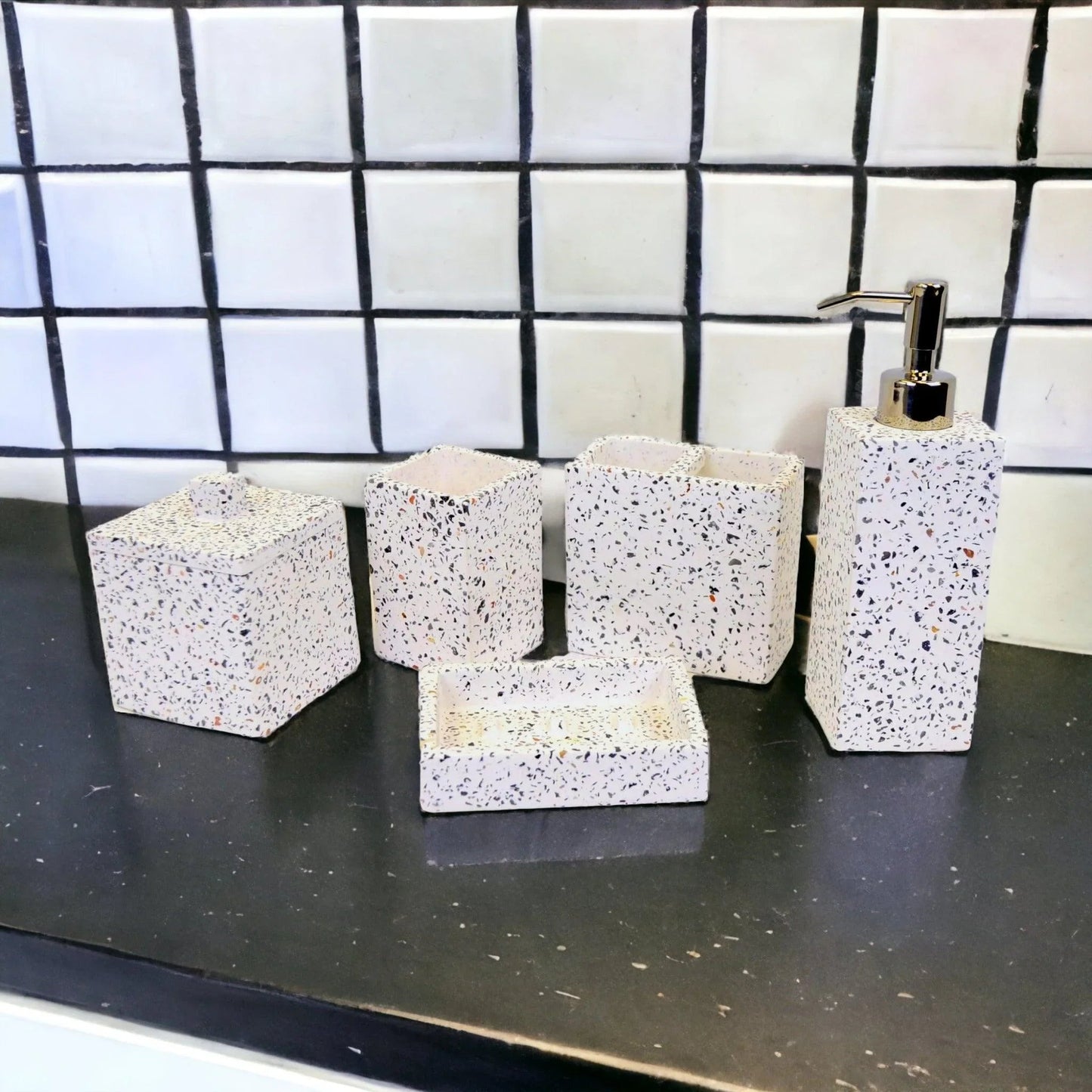 White Marble Bathroom Accessory Set - 5 Piece Bath Set White & Color Chips Design - PoshaBella