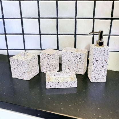 White Marble Bathroom Accessory Set - 5 Piece Bath Set White & Color Chips Design - PoshaBella