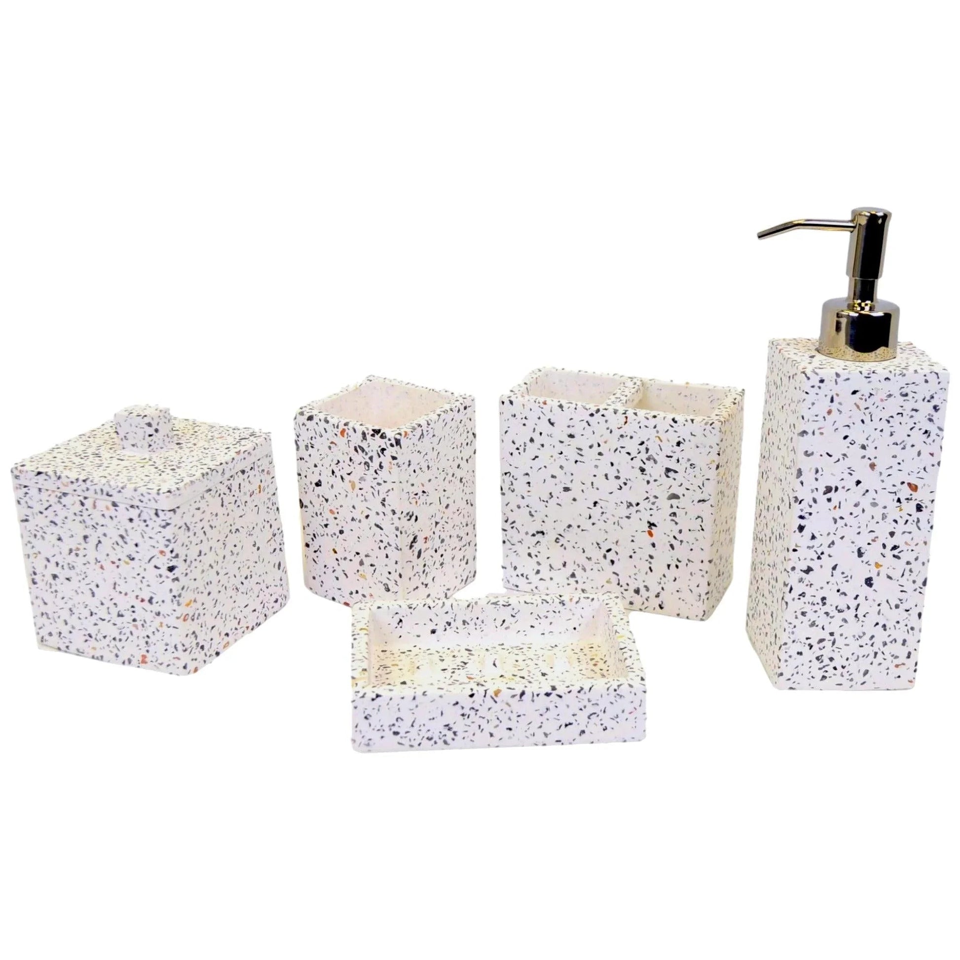 White Marble Bathroom Accessory Set - 5 Piece Bath Set White & Color Chips Design - PoshaBella