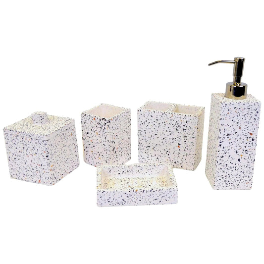 White Marble Bathroom Accessory Set - 5 Piece Bath Set White & Color Chips Design - PoshaBella
