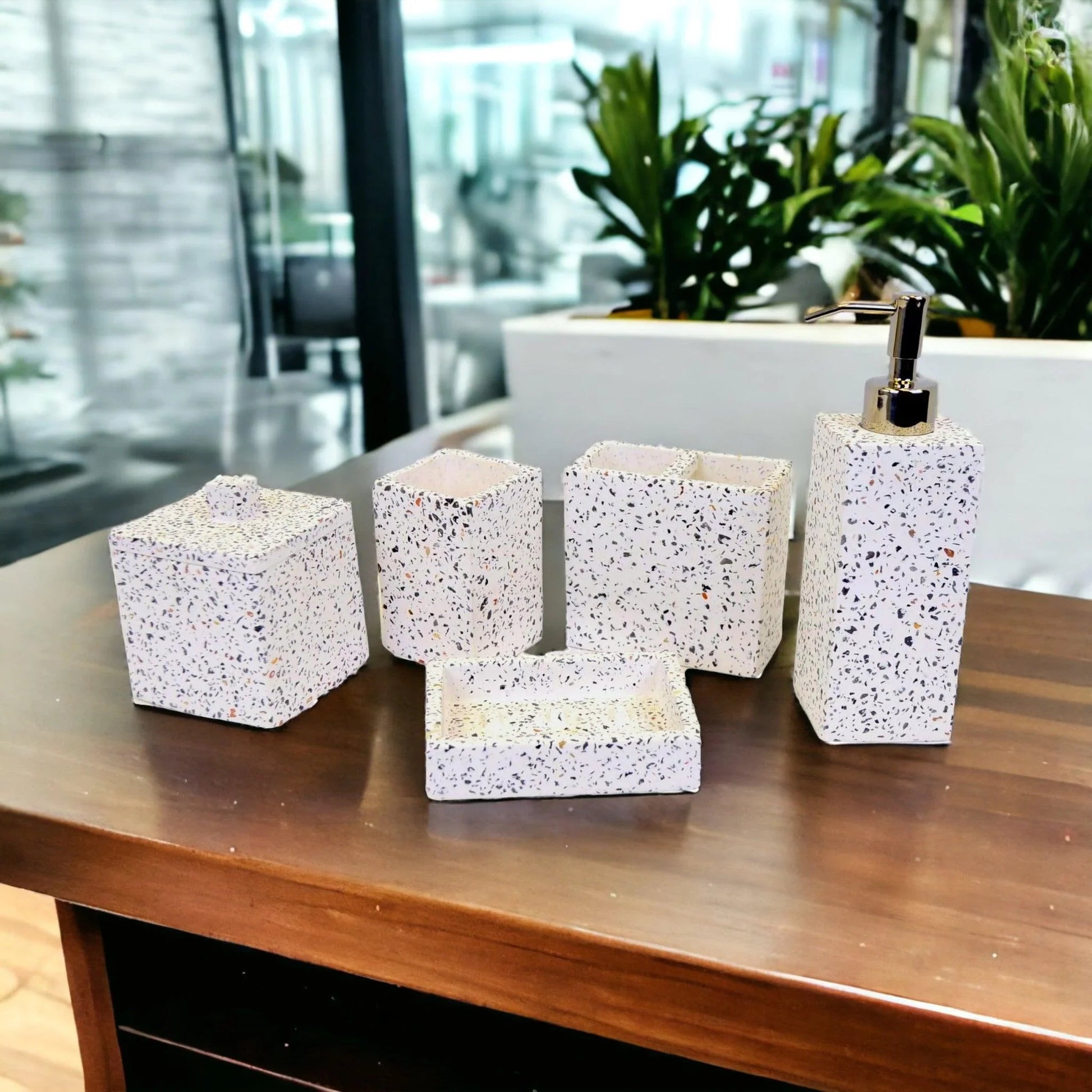 White Marble Bathroom Accessory Set - 5 Piece Bath Set White & Color Chips Design - PoshaBella