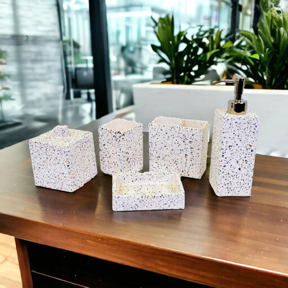 White Marble Bathroom Accessory Set - 5 Piece Bath Set White & Color Chips Design - PoshaBella