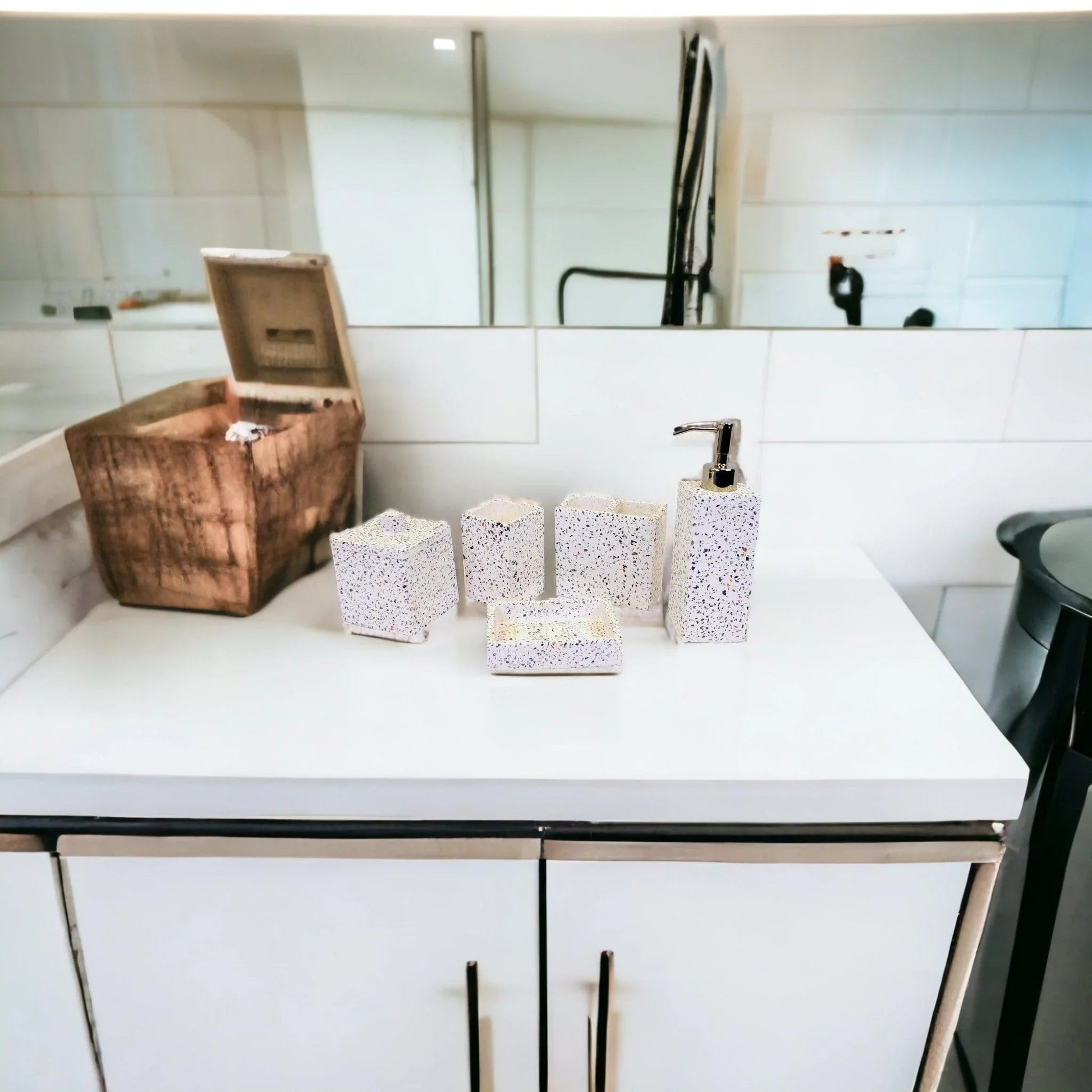 White Marble Bathroom Accessory Set - 5 Piece Bath Set White & Color Chips Design - PoshaBella