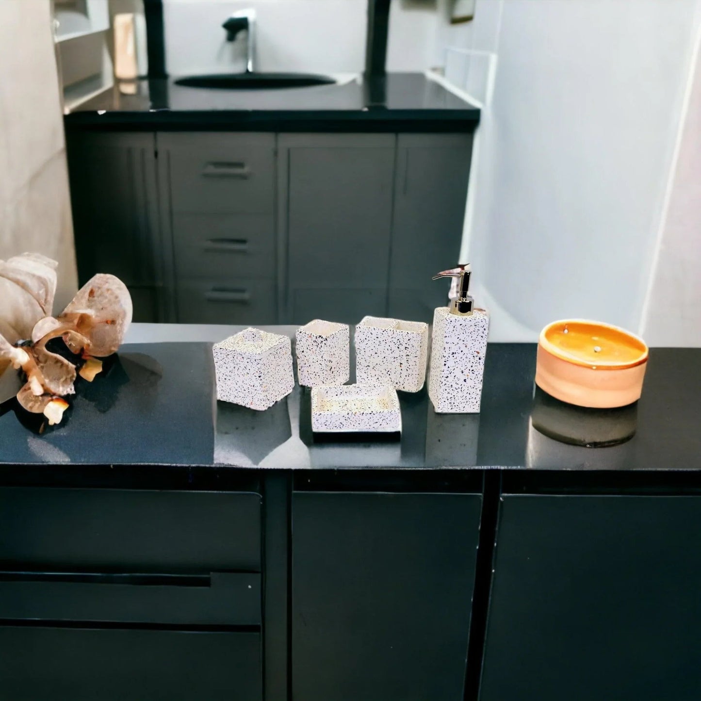 White Marble Bathroom Accessory Set - 5 Piece Bath Set White & Color Chips Design - PoshaBella