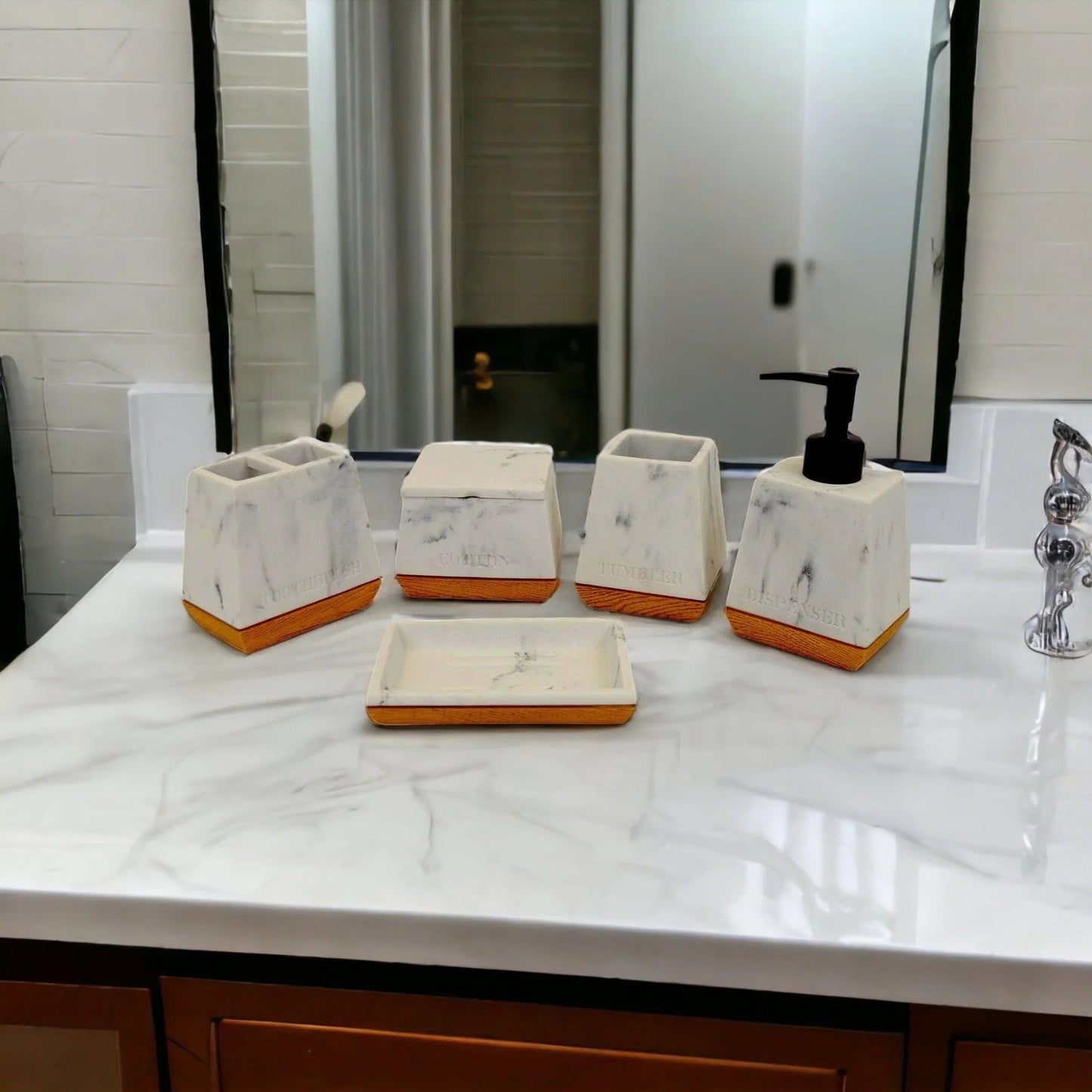 White Marble Bathroom Set with Wood Base - PoshaBella