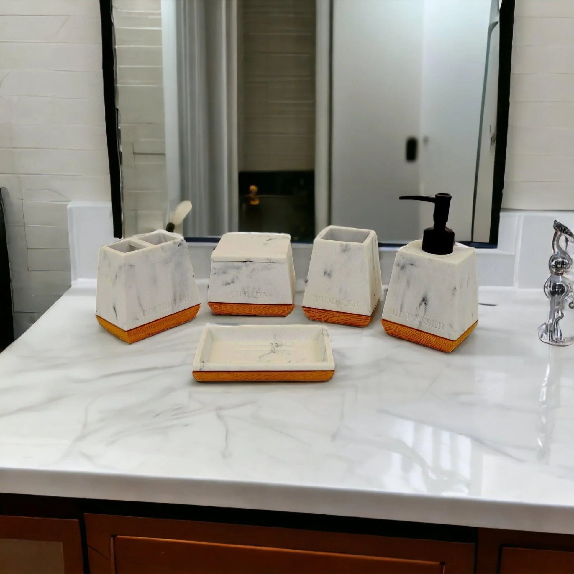 White Marble Bathroom Set with Wood Base - PoshaBella