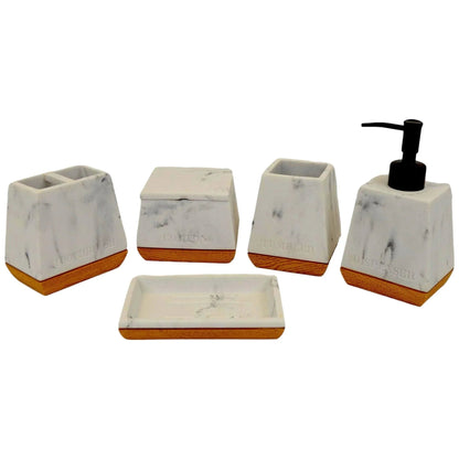 White Marble Bathroom Set with Wood Base - PoshaBella