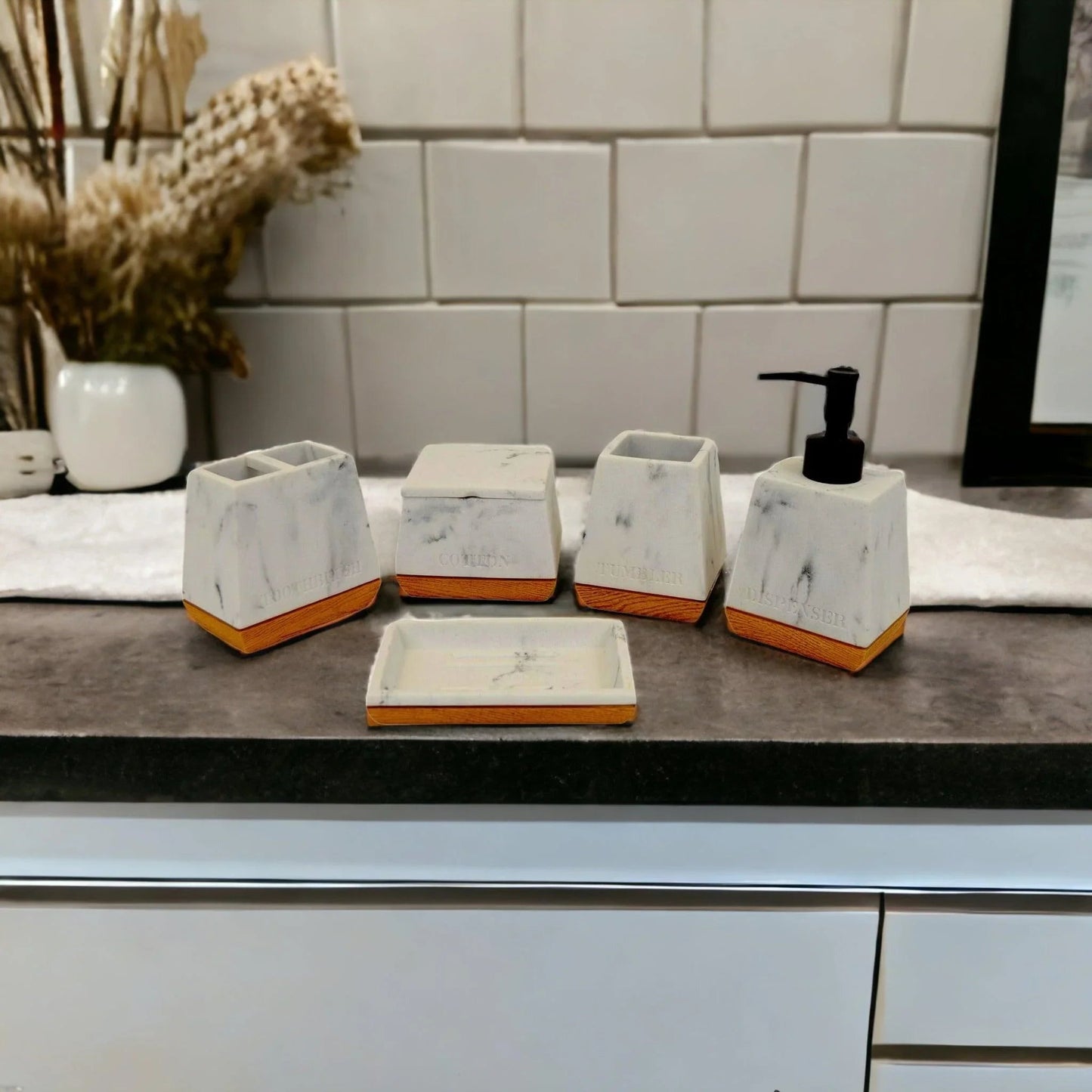 White Marble Bathroom Set with Wood Base - PoshaBella