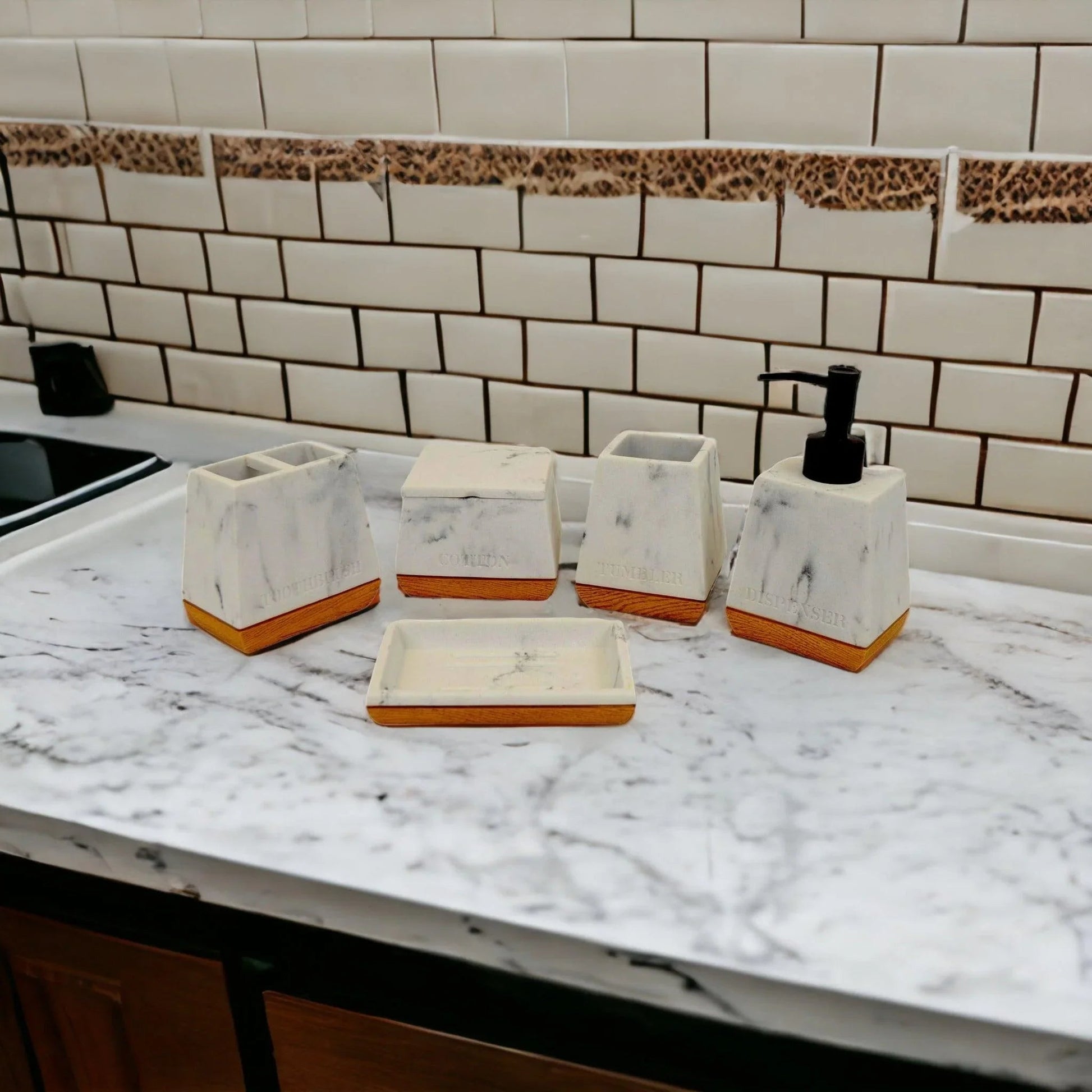 White Marble Bathroom Set with Wood Base - PoshaBella