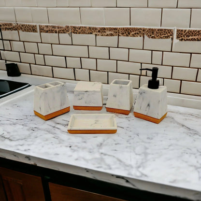 White Marble Bathroom Set with Wood Base - PoshaBella