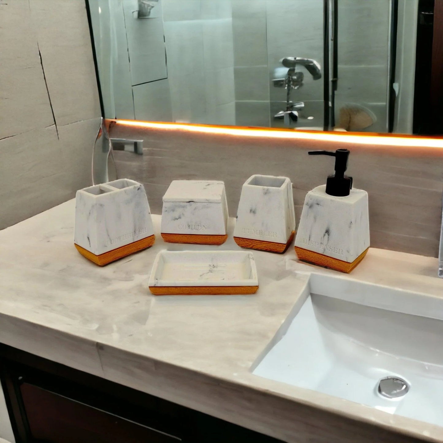 White Marble Bathroom Set with Wood Base - PoshaBella