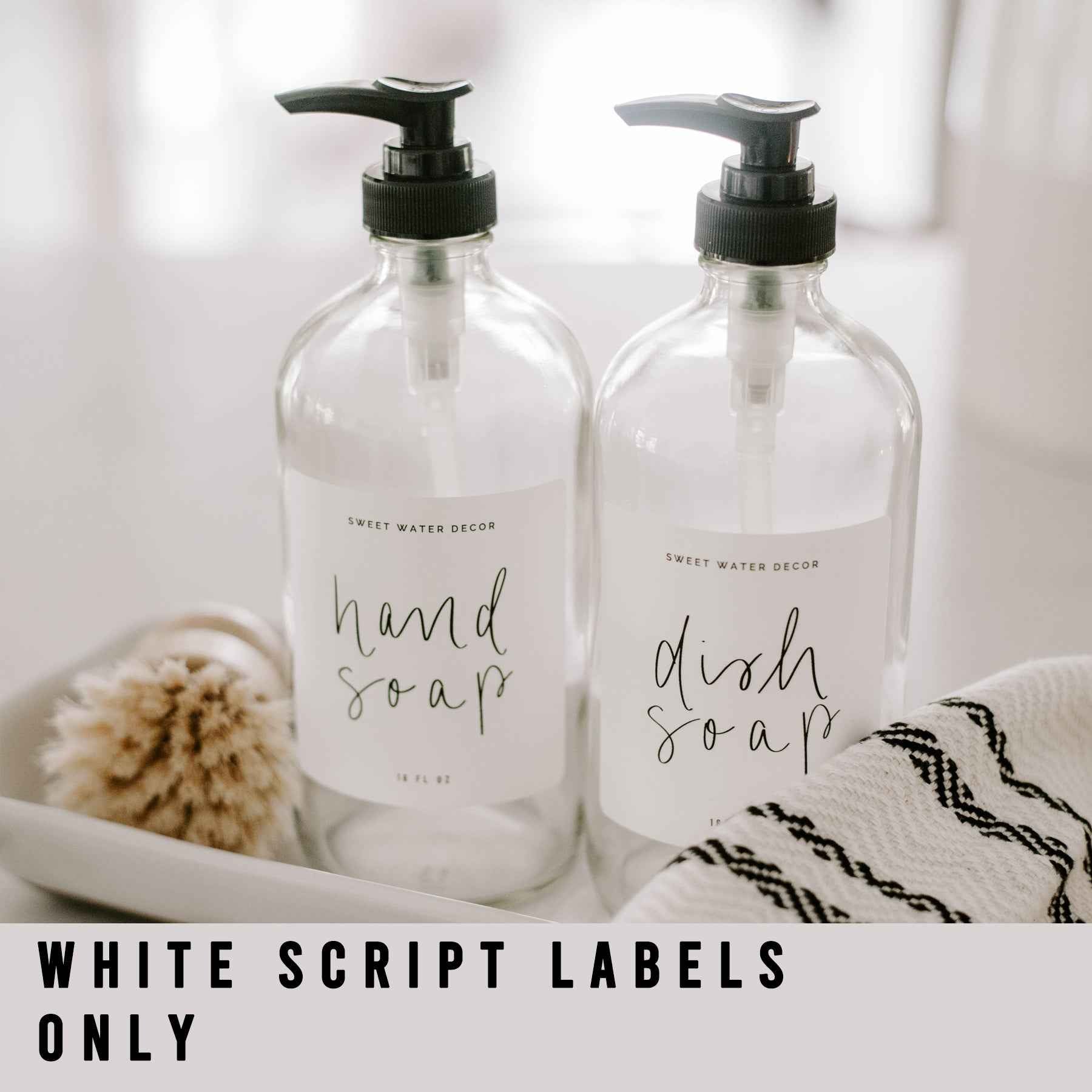 White Script Labels for Plastic and Glass Dispensers